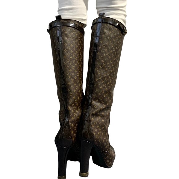 LOUIS VUITTON Vintage LV Monogram Long Boots #37.5 Heels Brown Black [106224] - Picture 2 of 13